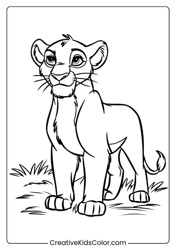 A Young Lioness, Nala, Standing On Grass With A Determined Look, Featured In This Lion Coloring Page For Kids.