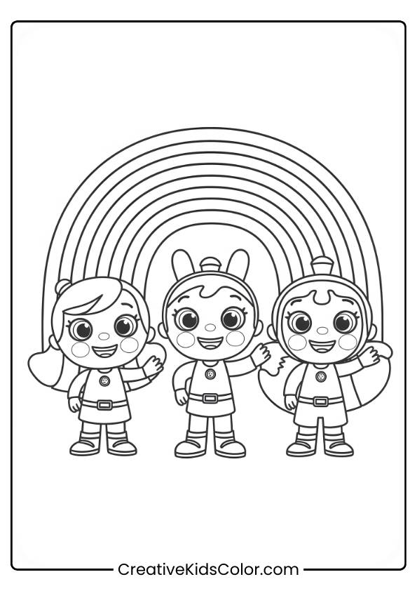 Nick Jr. Kids Gear Up For A Rainbow Rescue Adventure, Standing Together Under A Colorful Rainbow In This Fun Coloring Page.