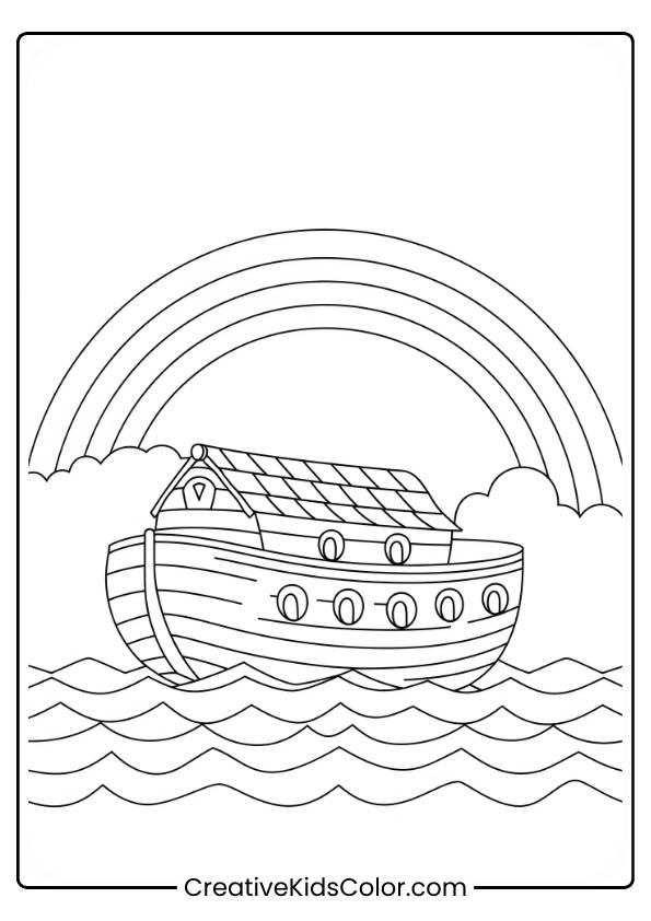 Noah’s Ark Sails Under A Rainbow In This Biblical Scene, Perfect For A Peaceful And Educational Coloring Activity.