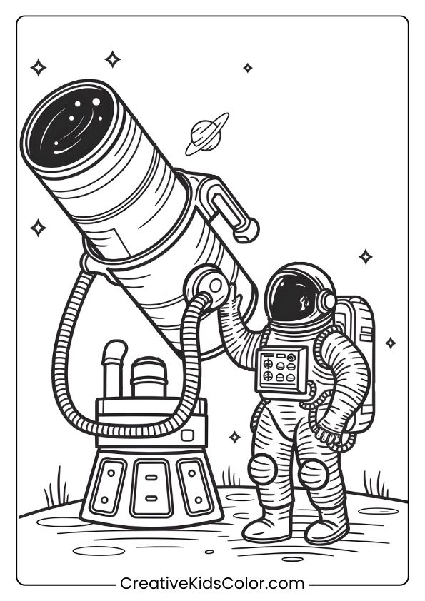 Coloring Page Of An Astronaut Using A Telescope To Observe Stars And Planets In The Universe.