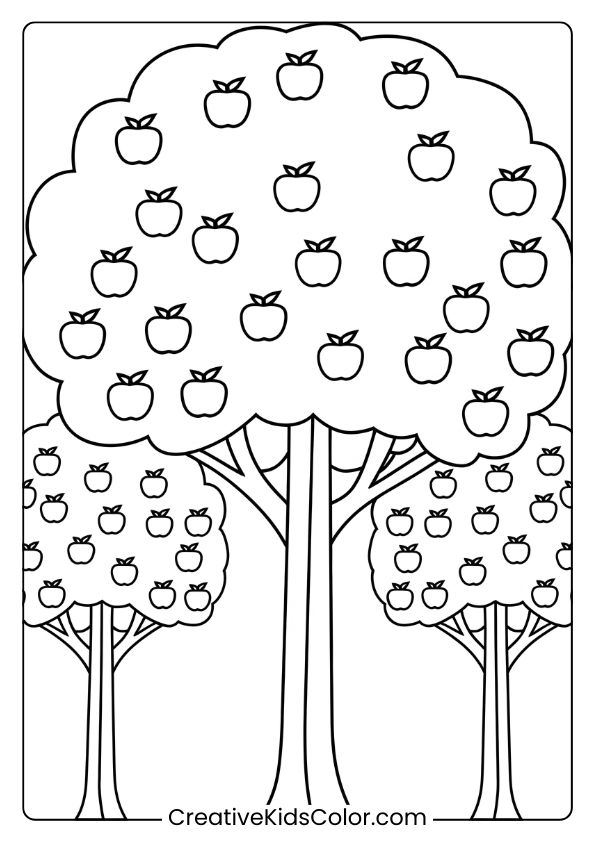 This Coloring Page Shows Apple Trees With Simple Designs, Ideal For Kids' Imaginative Play And Creativity.