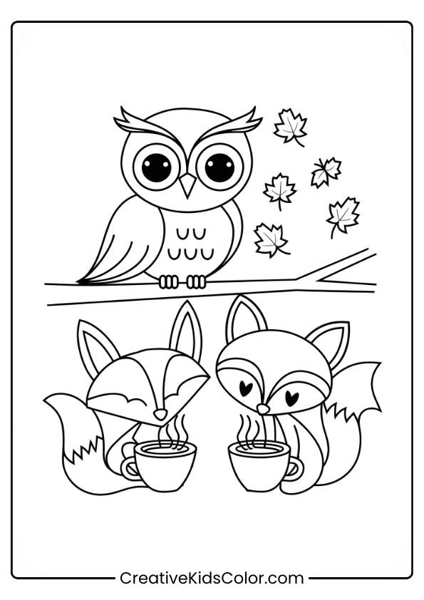 An Owl And Foxes With Hot Cocoa Under Autumn Leaves Is Depicted In This Fall Coloring Page.