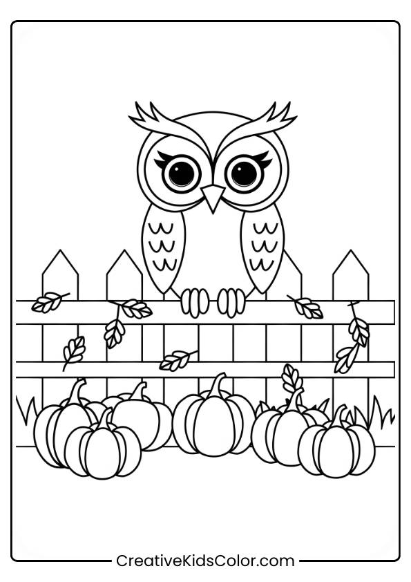 This Coloring Page Features An Owl On A Fence With Pumpkins And Fall Decorations.