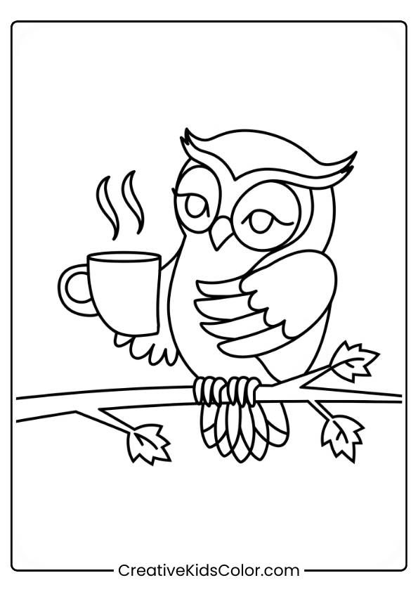 The Owl Sipping A Hot Drink While Perched On A Fall Branch Appears In This Coloring Page.