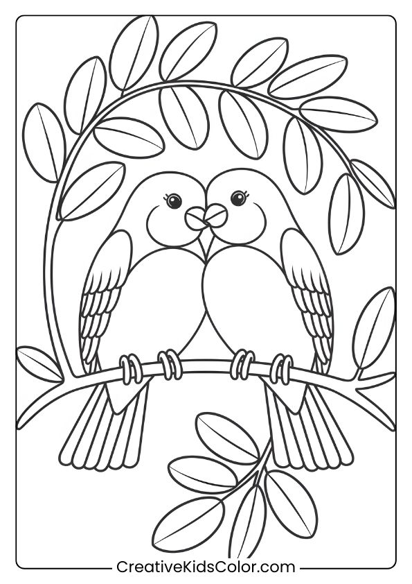 Two Love Birds Cuddling On A Branch With Leaves In A Cute And Simple Bird Coloring Page.