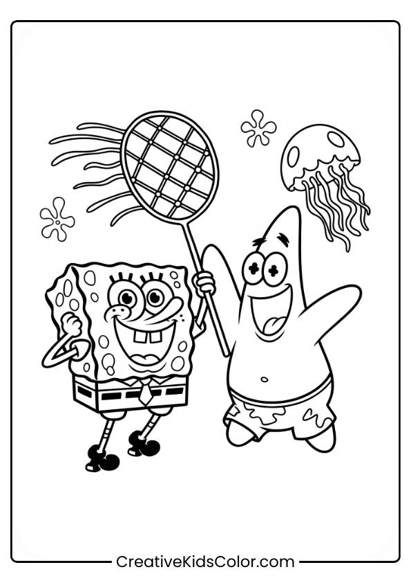 Spongebob And Patrick Are Hunting Jellyfish Together In This Exciting Coloring Page.
