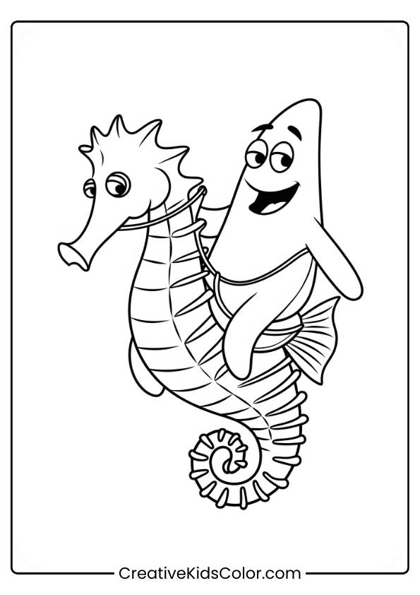 Patrick Star Rides A Seahorse Through The Ocean In This Underwater Adventure Coloring Page.