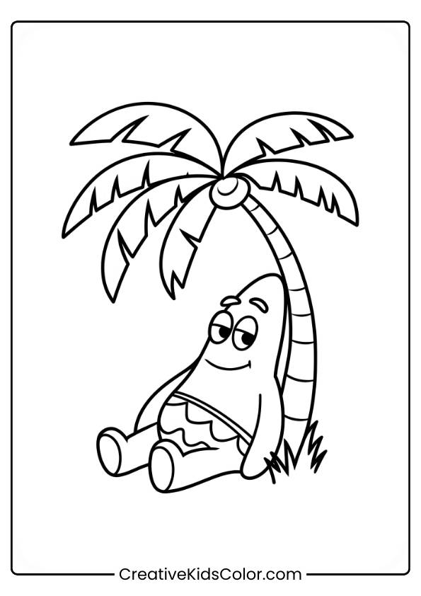 Patrick Star Enjoys Relaxing Under A Palm Tree In This Beach-Themed Coloring Page.