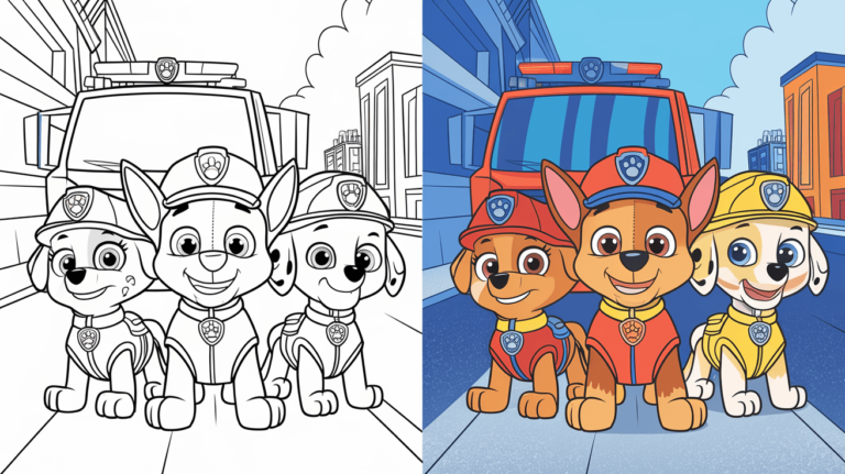 Coloring Page Cover Of Paw Patrol, Left Side Uncolored, Right Side Fully Colored With The Team In Uniforms.