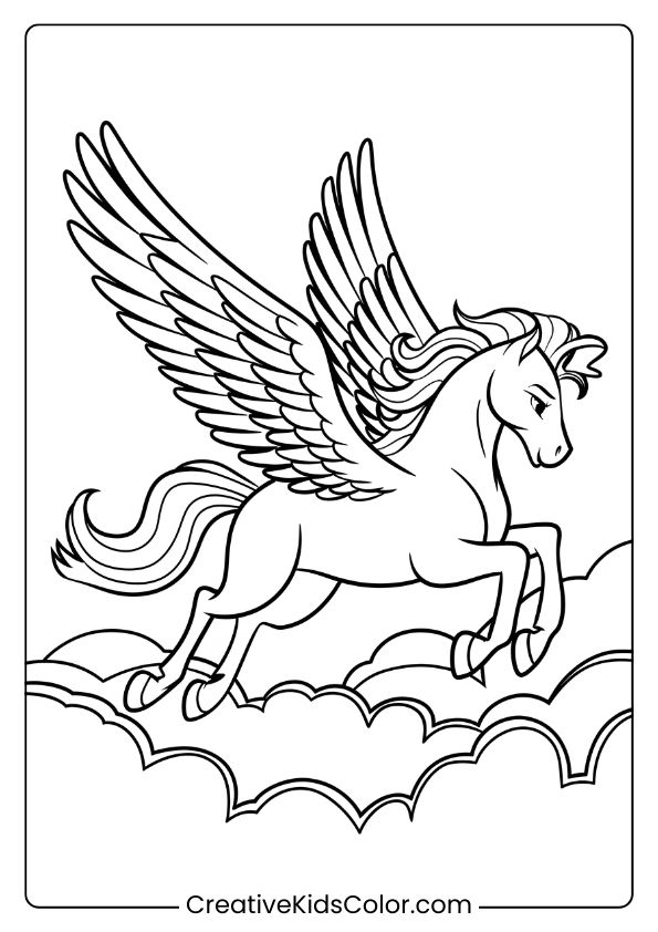 A Majestic Pegasus With Wings, Soaring Through The Sky, Creating A Magical Coloring Page.