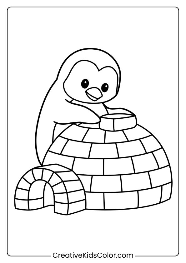 A Penguin With An Igloo In The Snow, A Creative Winter-Themed Coloring Page.
