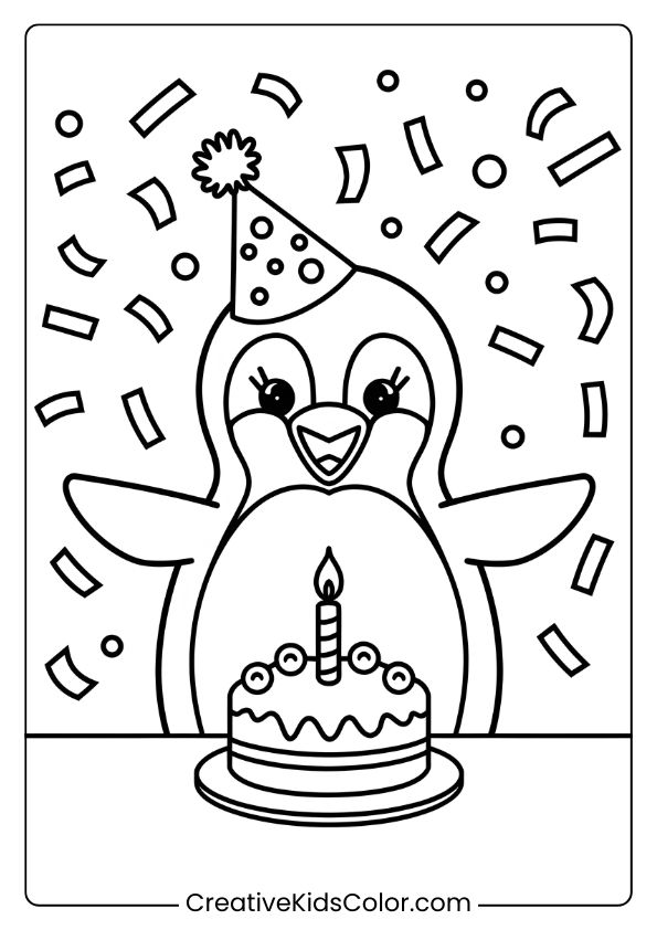 A Penguin With A Party Hat And Birthday Cake, Surrounded By Confetti, A Joyful Birthday-Themed Coloring Page.