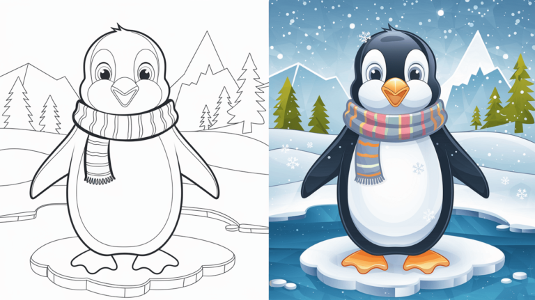 Side-By-Side Penguin Coloring Page, Showing A Black-And-White Outline And A Colorful Winter Scene With Snowy Mountains And Pine Trees.