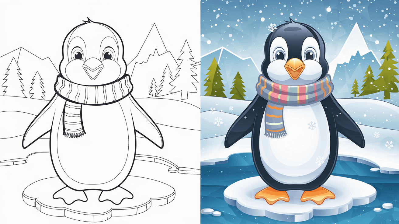 Side-By-Side Penguin Coloring Page, Showing A Black-And-White Outline And A Colorful Winter Scene With Snowy Mountains And Pine Trees.