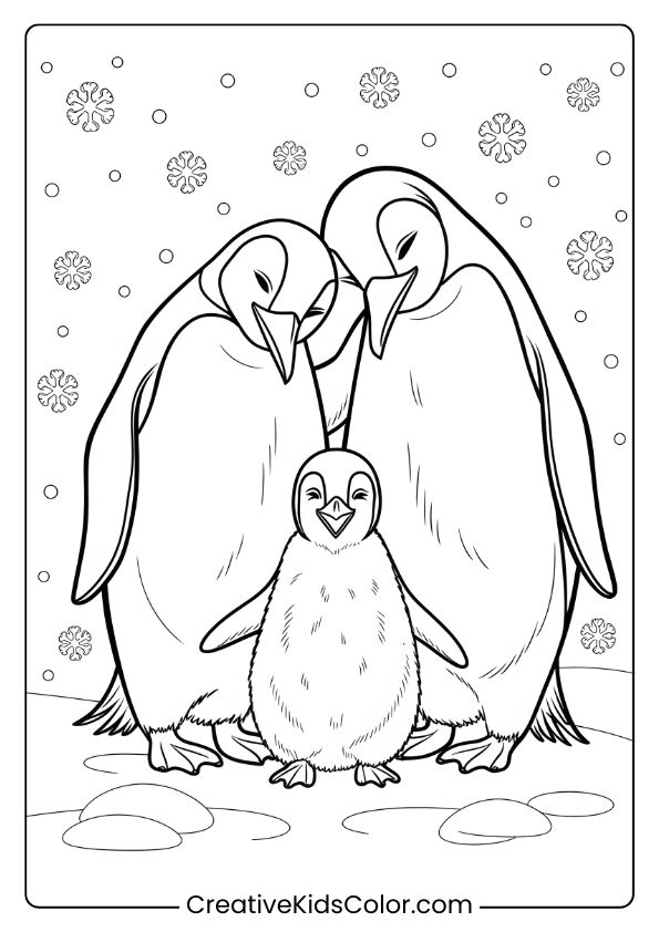 A Family Of Penguins In The Snow, A Cozy Winter Family-Themed Coloring Page.