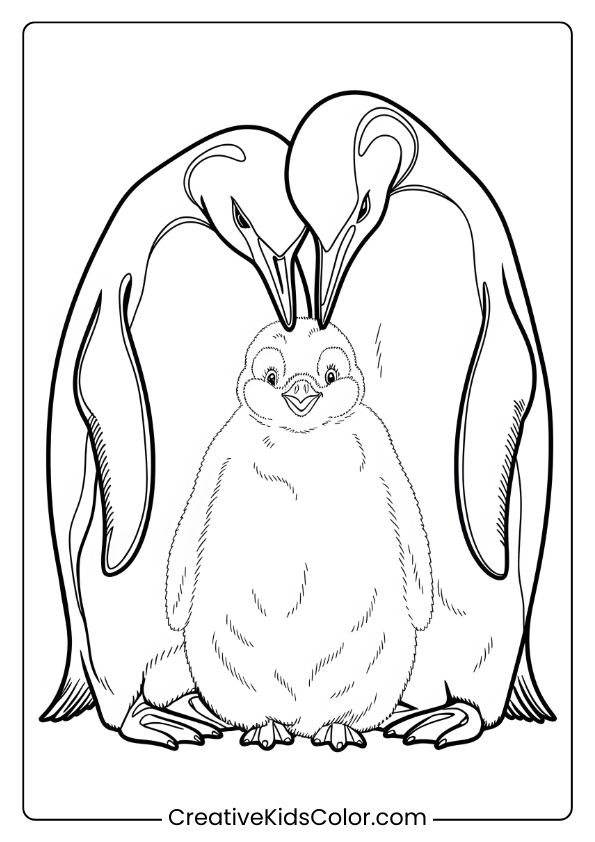 A Penguin Family With Two Adults And A Chick Huddling, A Cozy Family-Themed Penguin Coloring Page.