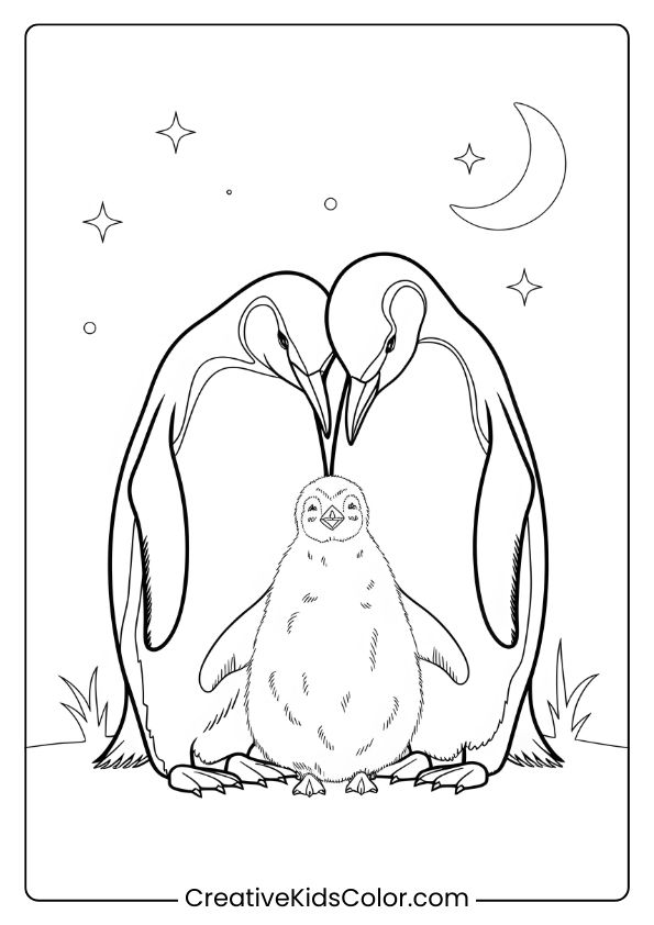 A Penguin Family Under A Night Sky, A Serene Nighttime Family-Themed Coloring Page.