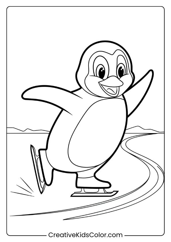 A Penguin Skating On Ice, Perfect For A Fun Winter-Themed Coloring Page.