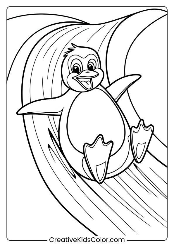 A Penguin Sliding On Ice, A Fun And Dynamic Winter-Themed Coloring Page.