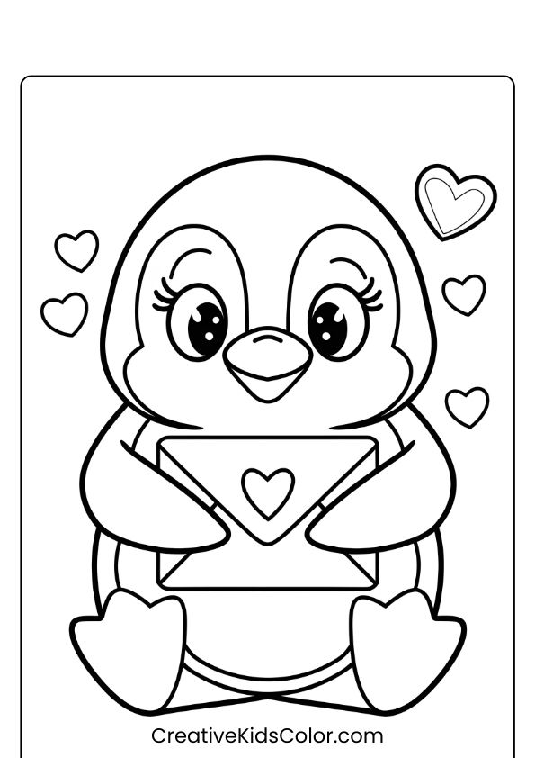 A Penguin With A Love Letter, A Sweet Valentine’s Day-Themed Coloring Page.