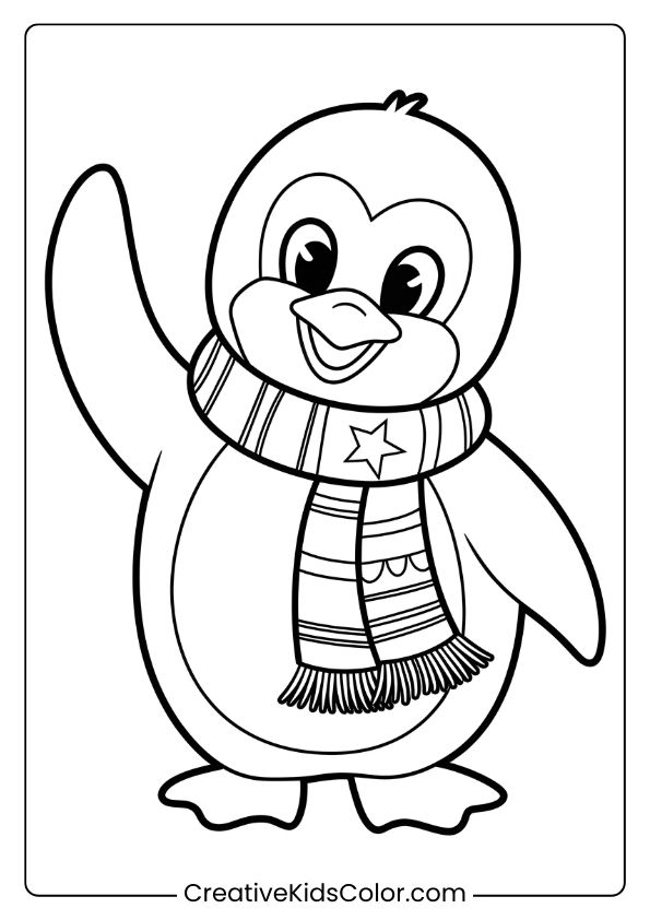 A Penguin In A Holiday Scarf Waving, A Cheerful Winter Coloring Page.