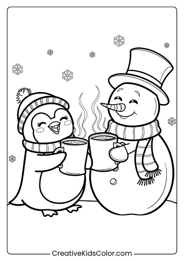 A Penguin And Snowman Drinking Cocoa, A Cozy Winter Friendship Coloring Page.
