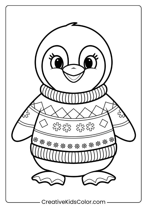 A Penguin In A Winter Sweater With Snowflake Patterns, A Cozy Winter-Themed Coloring Page.