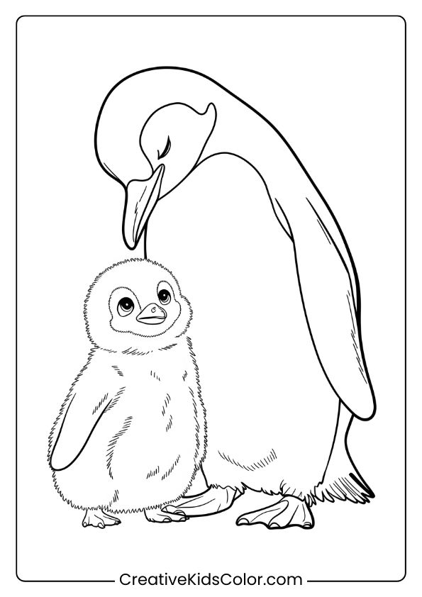 A Parent Penguin With Its Chick, A Sweet Family-Themed Penguin Coloring Page.