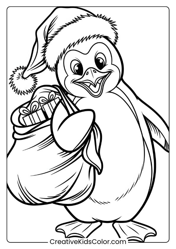 A Penguin With A Santa Hat And Gift Bag, Bringing Holiday Cheer In This Festive Penguin Coloring Page.