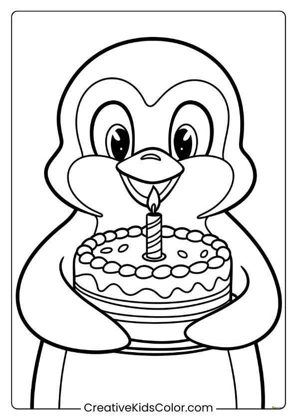 A Penguin With A Birthday Cake, Perfect For A Birthday-Themed Coloring Page.