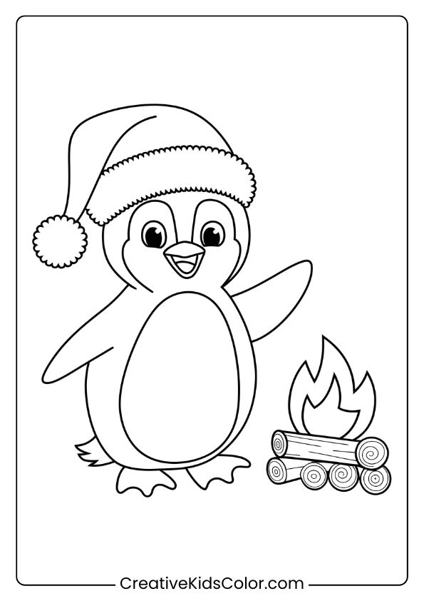 A Cute Penguin With A Santa Hat Standing By A Campfire, A Festive Holiday Penguin Coloring Page.