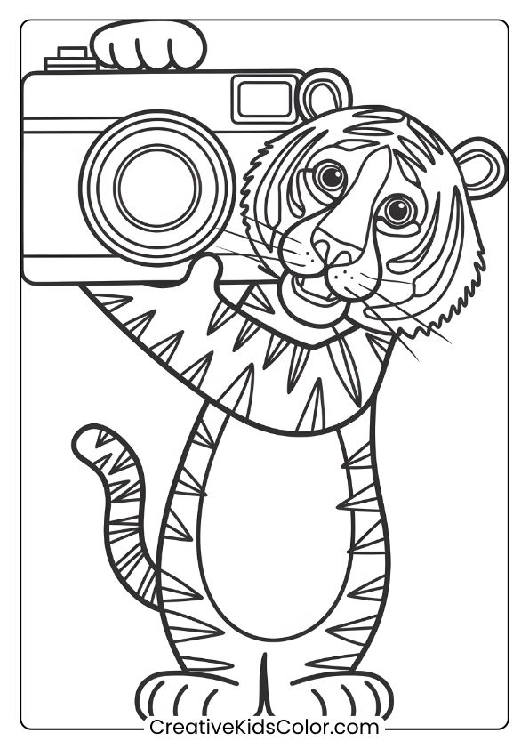 Photographer Tiger Coloring Page Featuring A Tiger Holding A Camera With A Cheerful Expression.