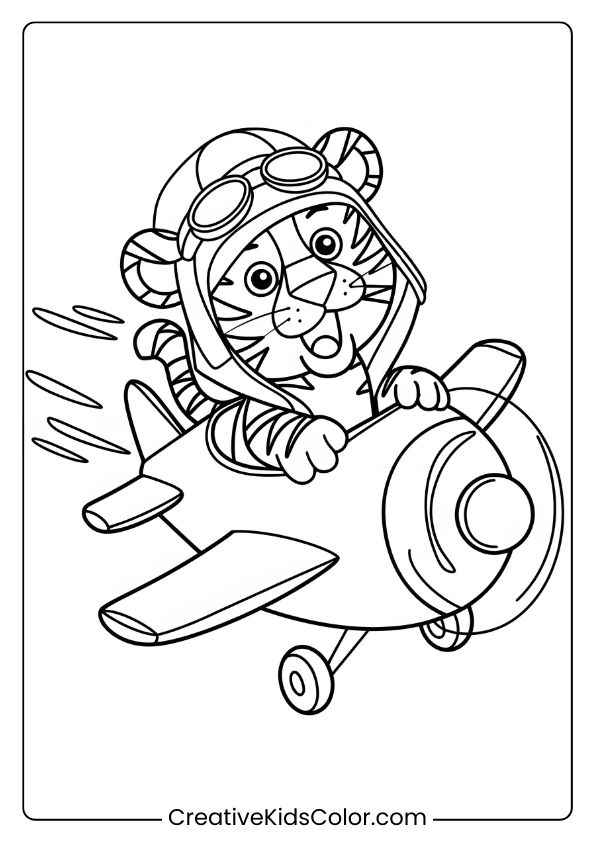 Pilot Tiger Coloring Page Featuring A Tiger In Aviator Goggles, Flying A Playful Toy Plane.