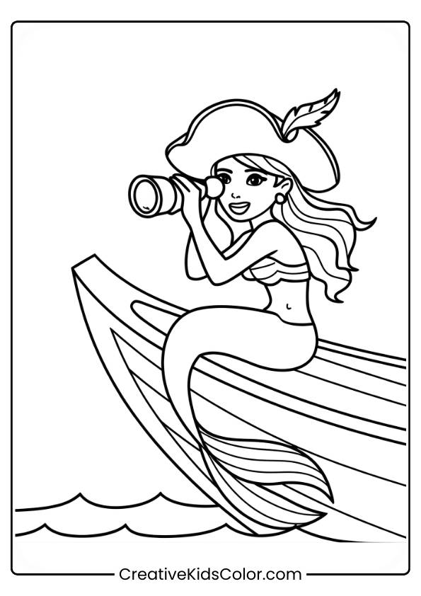 Pirate Mermaid Holding A Telescope, Sitting On The Edge Of A Boat In This Adventurous Coloring Page.