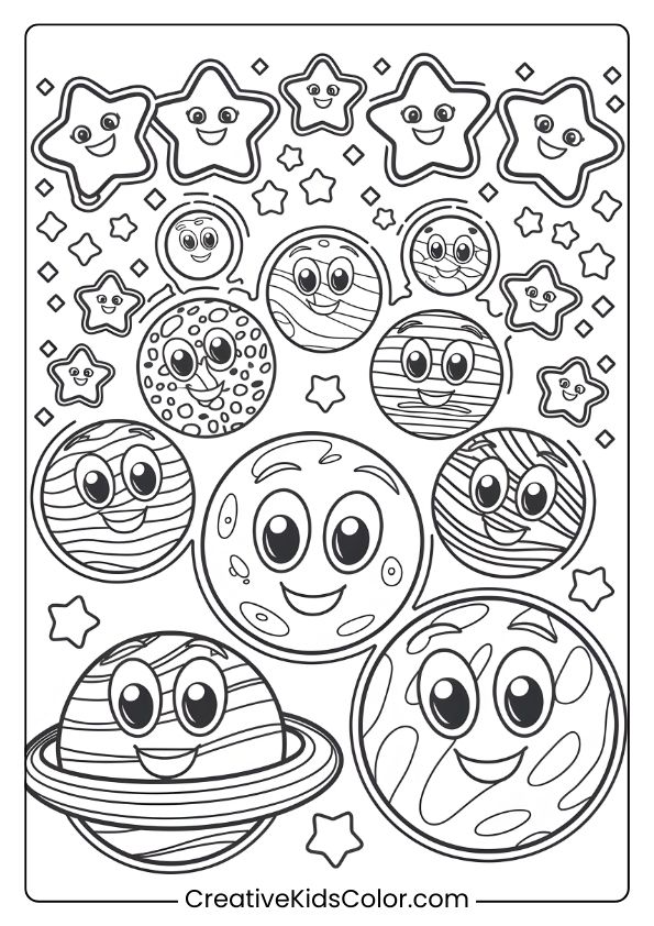 Coloring Page Of Cute Planets And Smiling Stars In Space, Perfect For Kids’ Cosmic Coloring Fun.