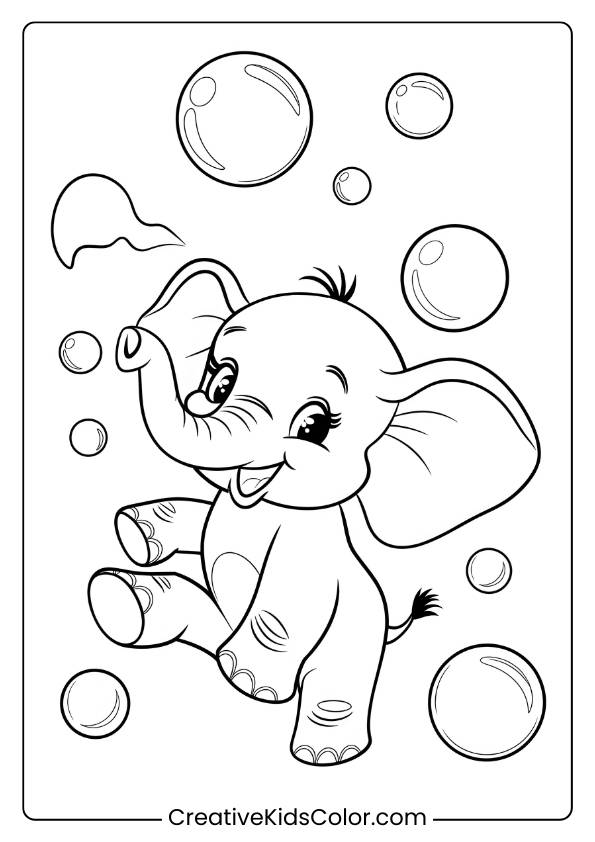 Coloring Page Of A Baby Elephant Surrounded By Playful Bubbles.
