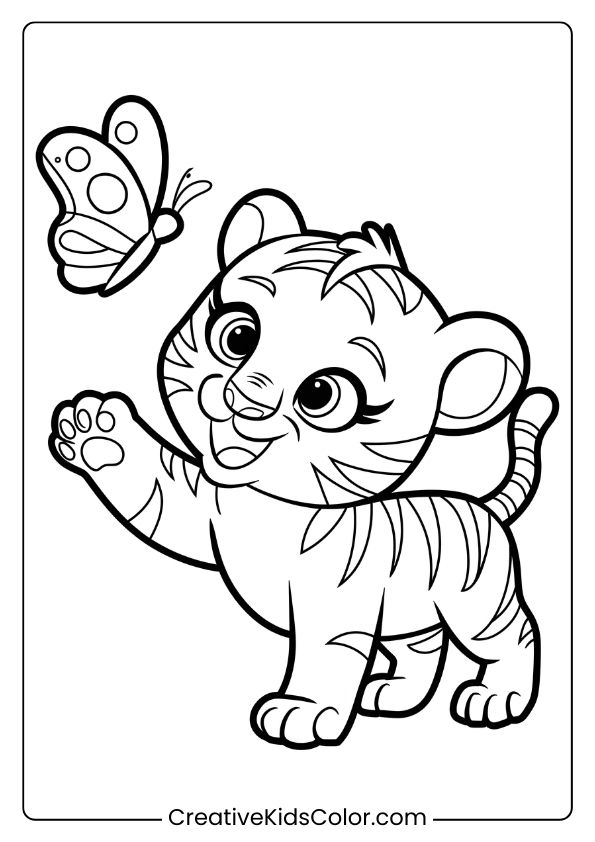 Playful Baby Tiger Coloring Page With A Curious Cub Reaching For A Butterfly, Featuring Cute Stripes And Big Eyes.