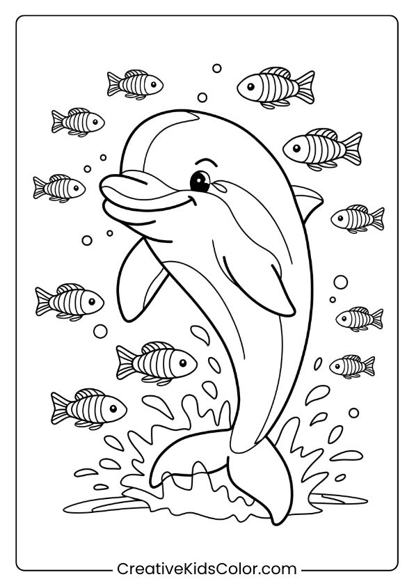 A Playful Dolphin Splashing With Rainbow Fish, A Colorful And Fun Coloring Page.