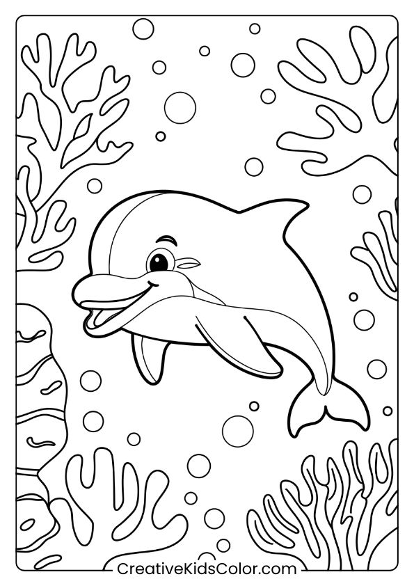 A Playful Dolphin Amidst Coral And Bubbles In A Vibrant Underwater Scene. Perfect For A Coloring Page With A Lively Marine Theme.