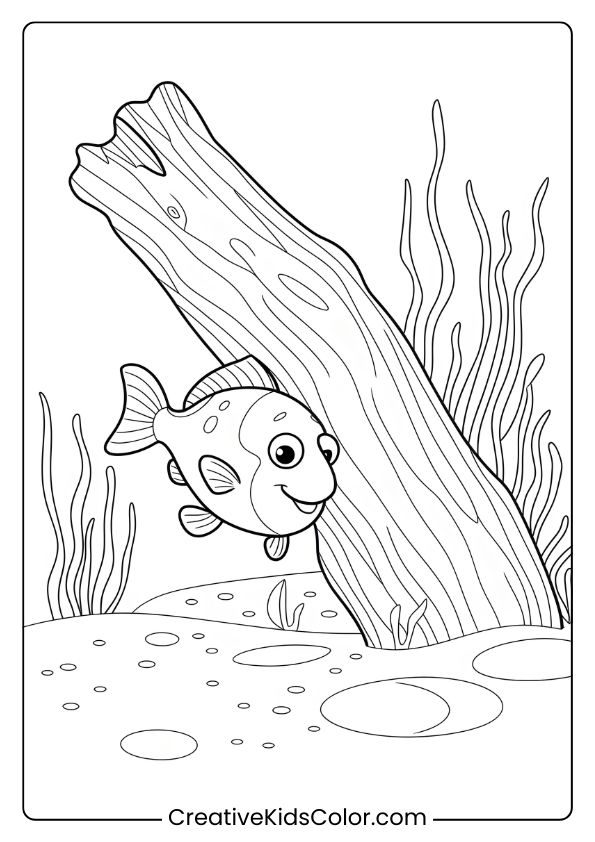 A Curious Fish Explores Driftwood With Plants Nearby, Creating A Natural Scene Perfect For Detailed Coloring.
