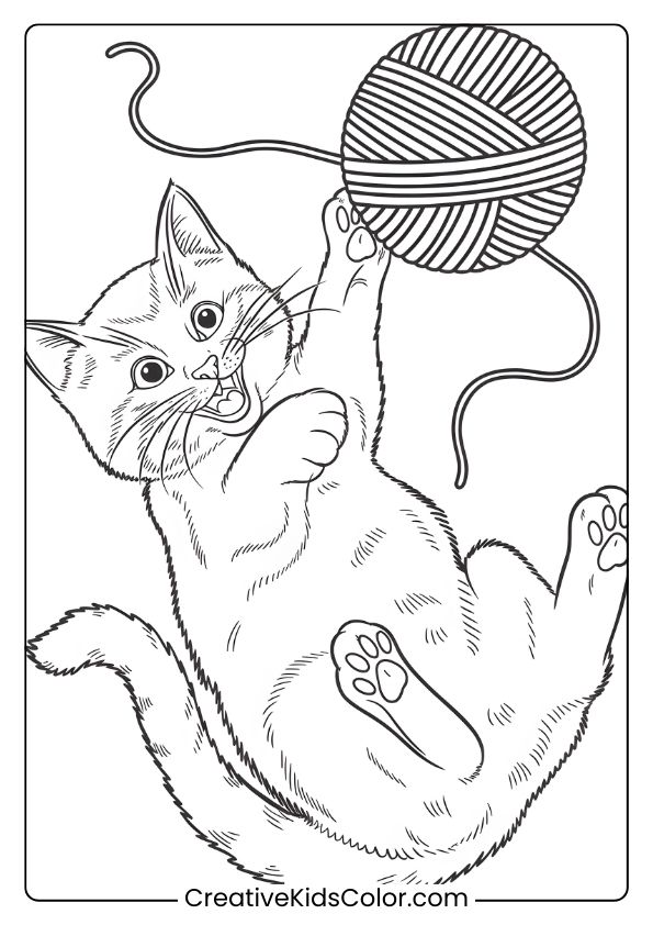 A Joyful Kitten Batting At A Ball Of Yarn, Adding Movement And Fun To This Coloring Page.