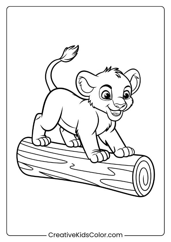 A Lion Cub Balancing On A Log, Offering A Fun And Adventurous Lion Coloring Page For Kids.