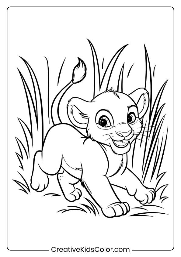 A Young Lion Cub Jumping Through Tall Grass In A Dynamic Pose, Perfect For A Lively Lion Coloring Page For Kids.
