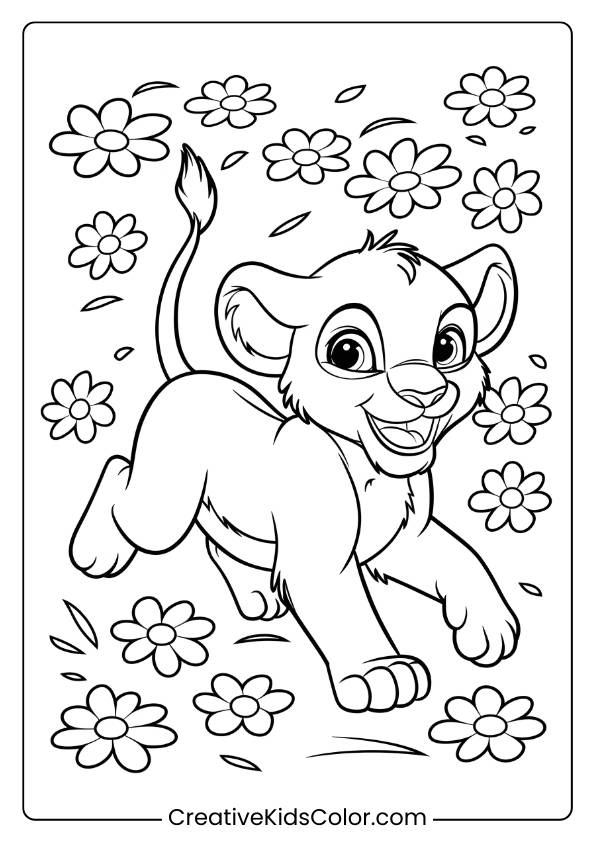 A Playful Lion Cub Running Through Flowers, Providing A Fun And Lively Lion Coloring Page For Children.