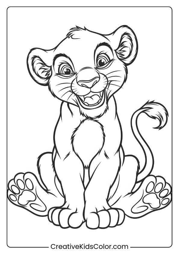 A Playful Lion Cub With A Big Smile, An Adorable Lion Coloring Page For Kids To Color And Enjoy.