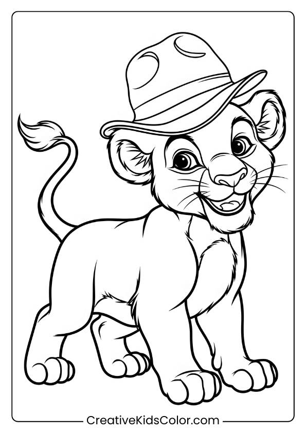 A Lion Cub Wearing A Small Hat, A Fun And Adventurous Lion Coloring Page For Children To Enjoy.