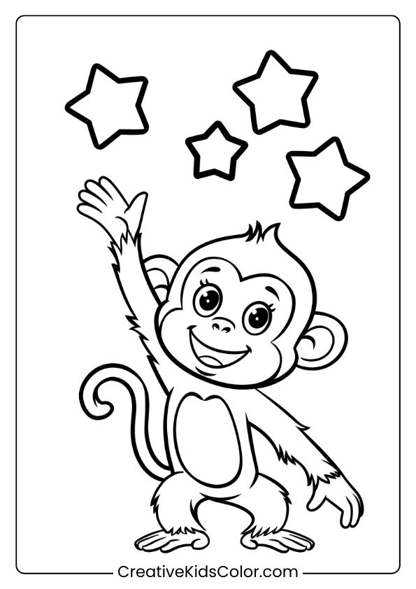 This Monkey Coloring Page Shows A Cheerful Monkey Reaching For Stars With An Excited, Playful Expression.