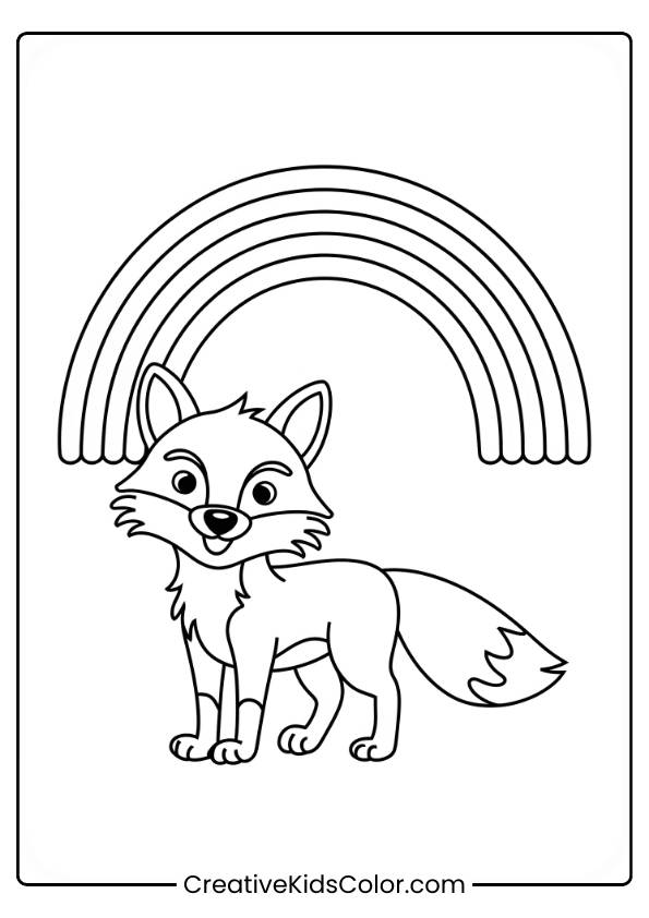 A Playful Fox Stands Under A Rainbow, Making This Fun And Whimsical Coloring Sheet Perfect For Kids.