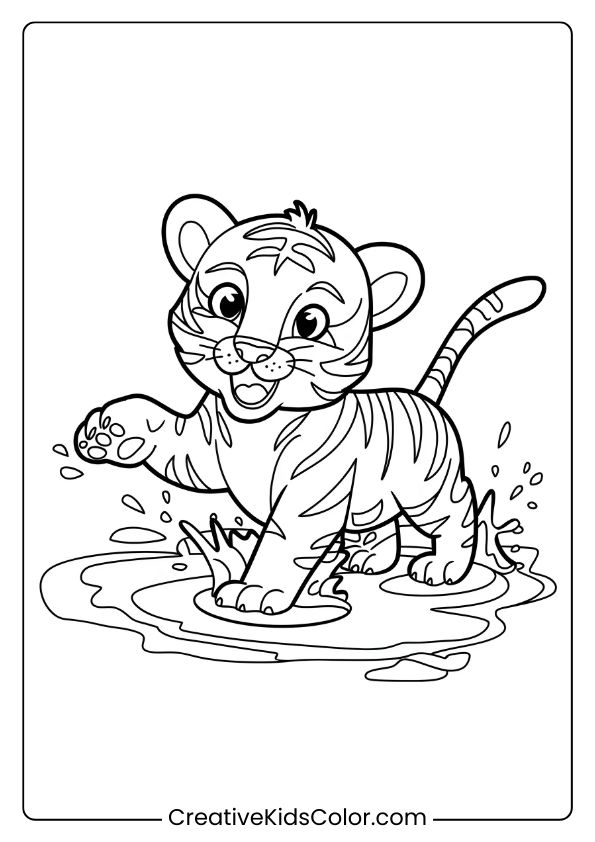 Playful Tiger Cub Coloring Page With A Joyful Tiger Splashing Water Mid-Leap.
