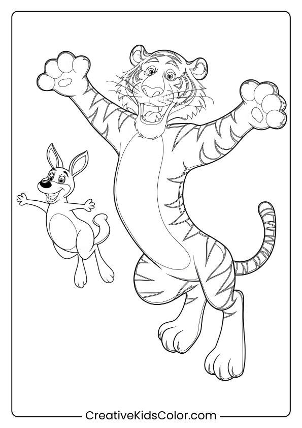 Playful Tigger Coloring Page Featuring Tigger And Roo Joyfully Leaping In The Air.